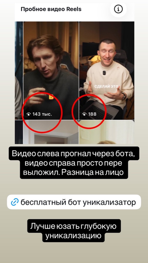 Сравнение просмотров двух повторных публикаций Reels